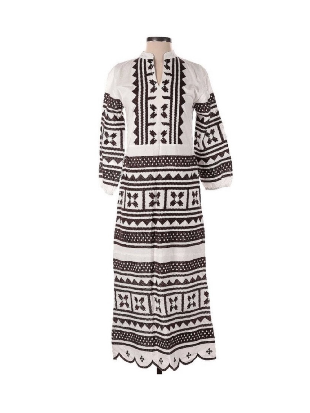 Julia Amory Scallop Hem Brown & White Embroidered Caftan Size XS NWOT